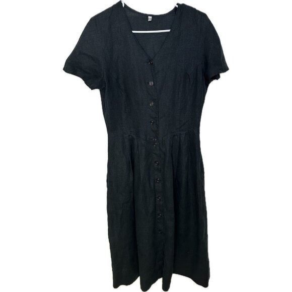 Vintage Black Linen Button Front Midi Dress V-Neck Short Sleeve Cottagecore M - Picture 1 of 6